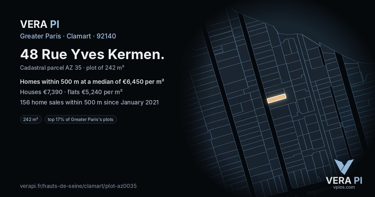 48 Rue Yves Kermen, Clamart at night – the plot lit, the parcels around coloured by the prices near them
