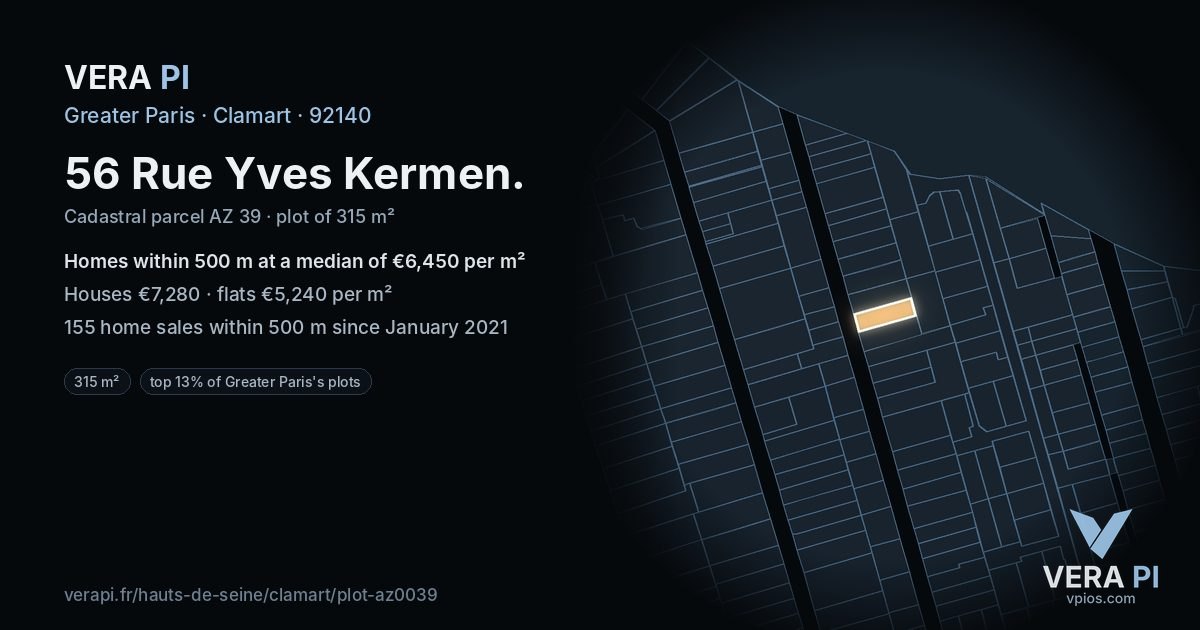 56 Rue Yves Kermen, Clamart at night – the plot lit, the parcels around coloured by the prices near them
