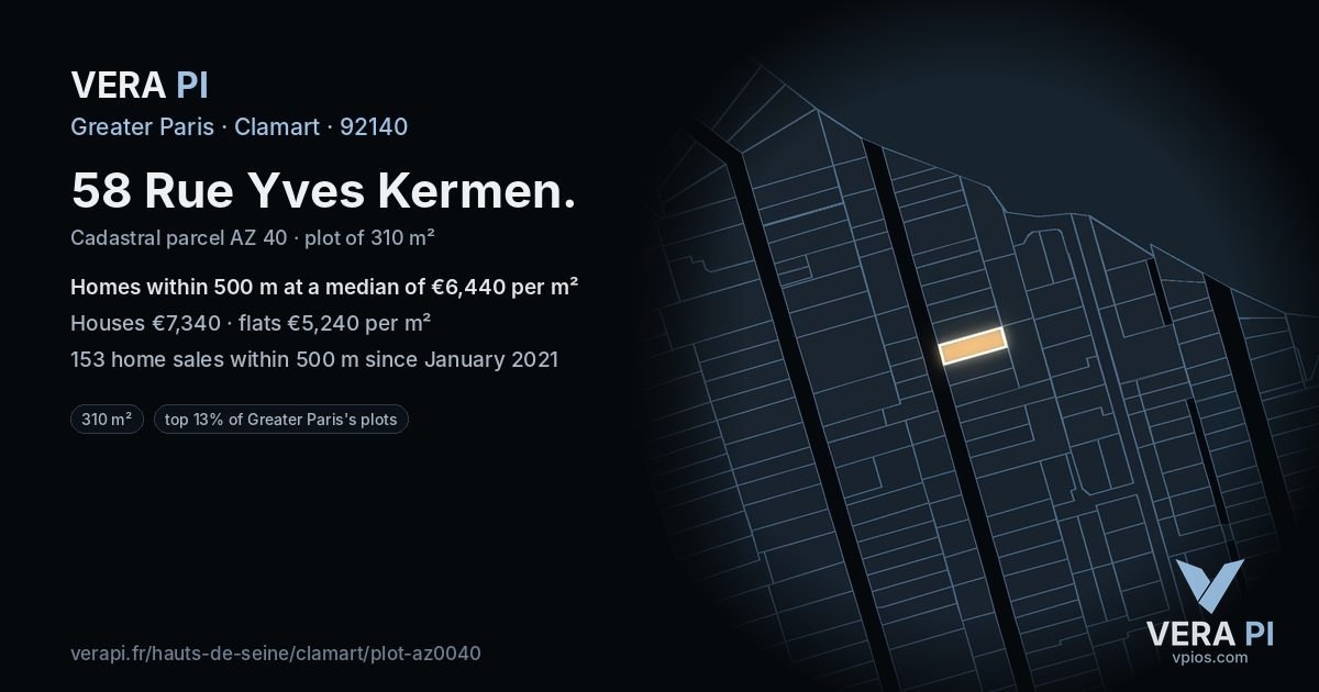 58 Rue Yves Kermen, Clamart at night – the plot lit, the parcels around coloured by the prices near them