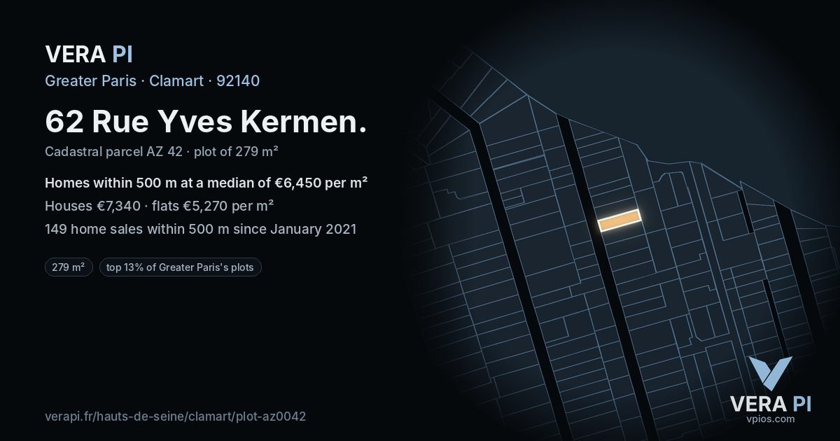 62 Rue Yves Kermen, Clamart at night – the plot lit, the parcels around coloured by the prices near them