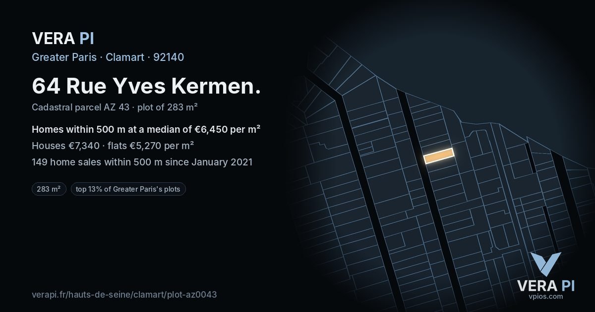 64 Rue Yves Kermen, Clamart at night – the plot lit, the parcels around coloured by the prices near them