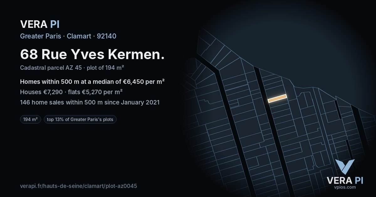 68 Rue Yves Kermen, Clamart at night – the plot lit, the parcels around coloured by the prices near them