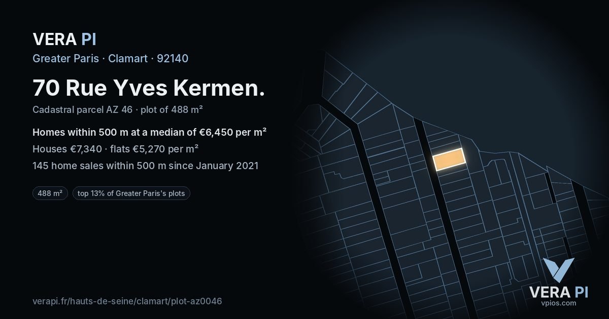 70 Rue Yves Kermen, Clamart at night – the plot lit, the parcels around coloured by the prices near them