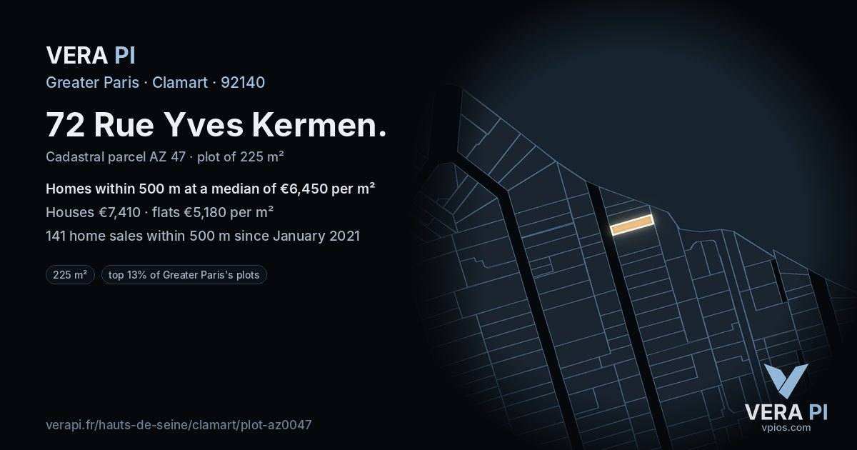 72 Rue Yves Kermen, Clamart at night – the plot lit, the parcels around coloured by the prices near them