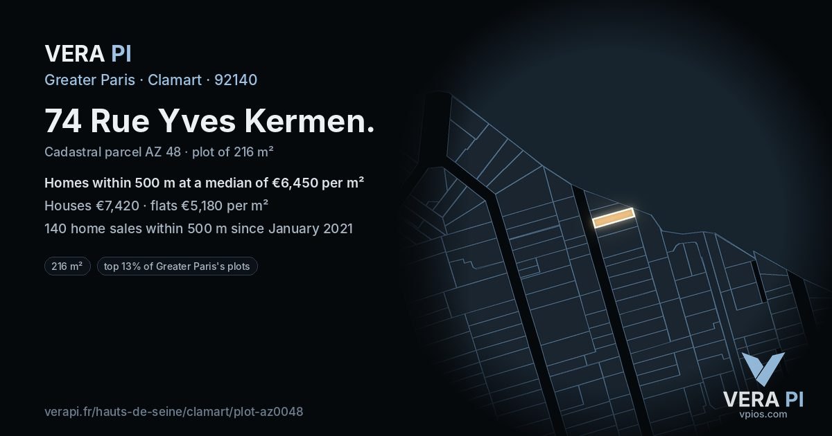74 Rue Yves Kermen, Clamart at night – the plot lit, the parcels around coloured by the prices near them