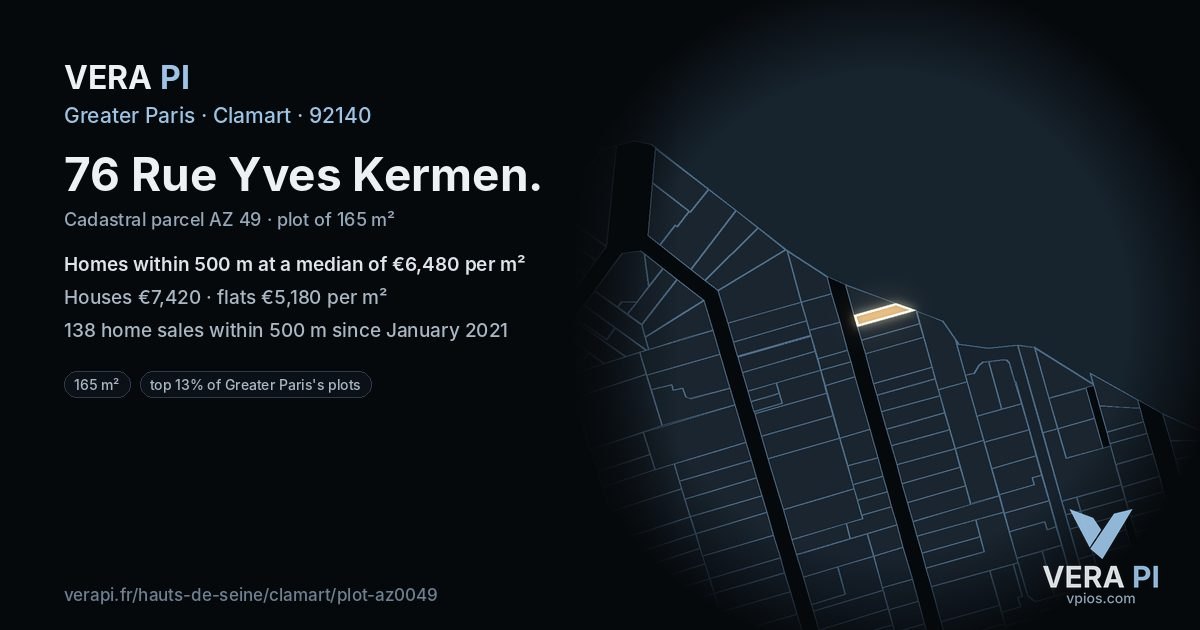 76 Rue Yves Kermen, Clamart at night – the plot lit, the parcels around coloured by the prices near them