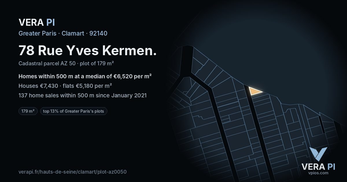 78 Rue Yves Kermen, Clamart at night – the plot lit, the parcels around coloured by the prices near them