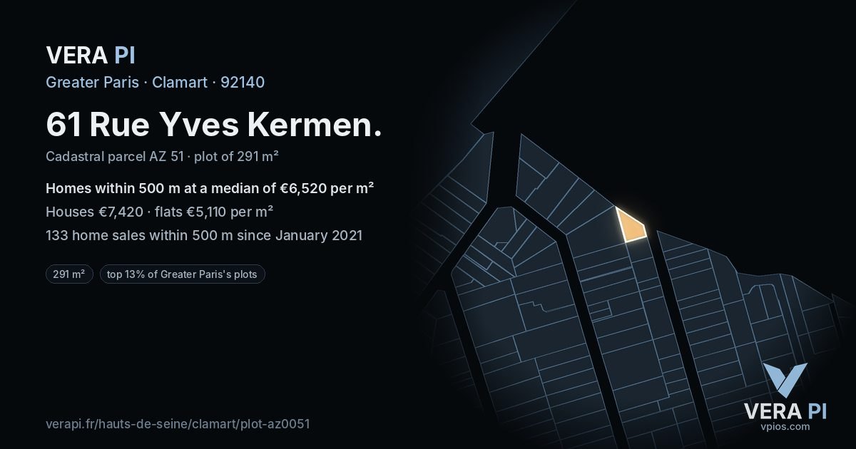61 Rue Yves Kermen, Clamart at night – the plot lit, the parcels around coloured by the prices near them