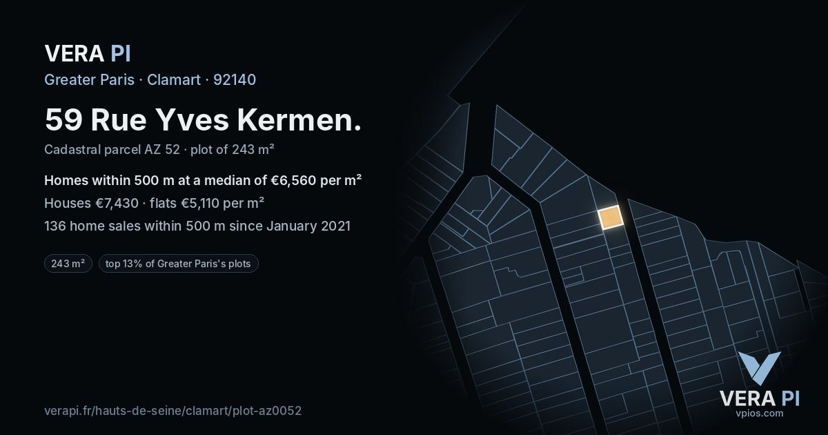 59 Rue Yves Kermen, Clamart at night – the plot lit, the parcels around coloured by the prices near them