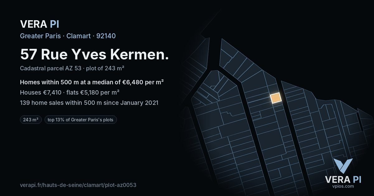 57 Rue Yves Kermen, Clamart at night – the plot lit, the parcels around coloured by the prices near them