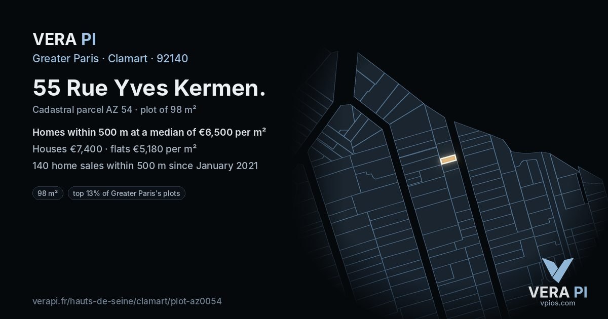 55 Rue Yves Kermen, Clamart at night – the plot lit, the parcels around coloured by the prices near them