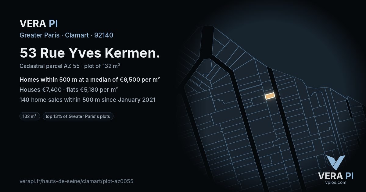 53 Rue Yves Kermen, Clamart at night – the plot lit, the parcels around coloured by the prices near them