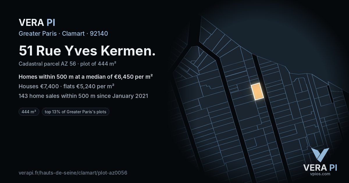 51 Rue Yves Kermen, Clamart at night – the plot lit, the parcels around coloured by the prices near them