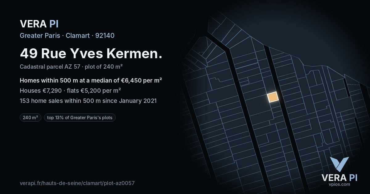 49 Rue Yves Kermen, Clamart at night – the plot lit, the parcels around coloured by the prices near them