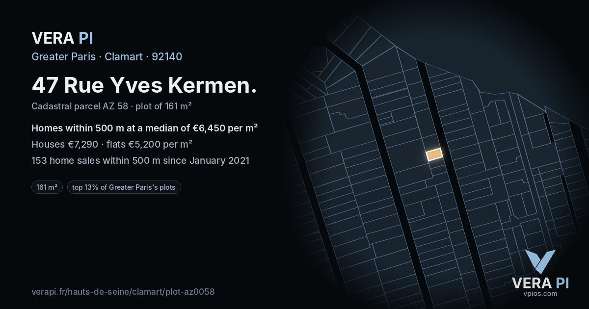 47 Rue Yves Kermen, Clamart at night – the plot lit, the parcels around coloured by the prices near them