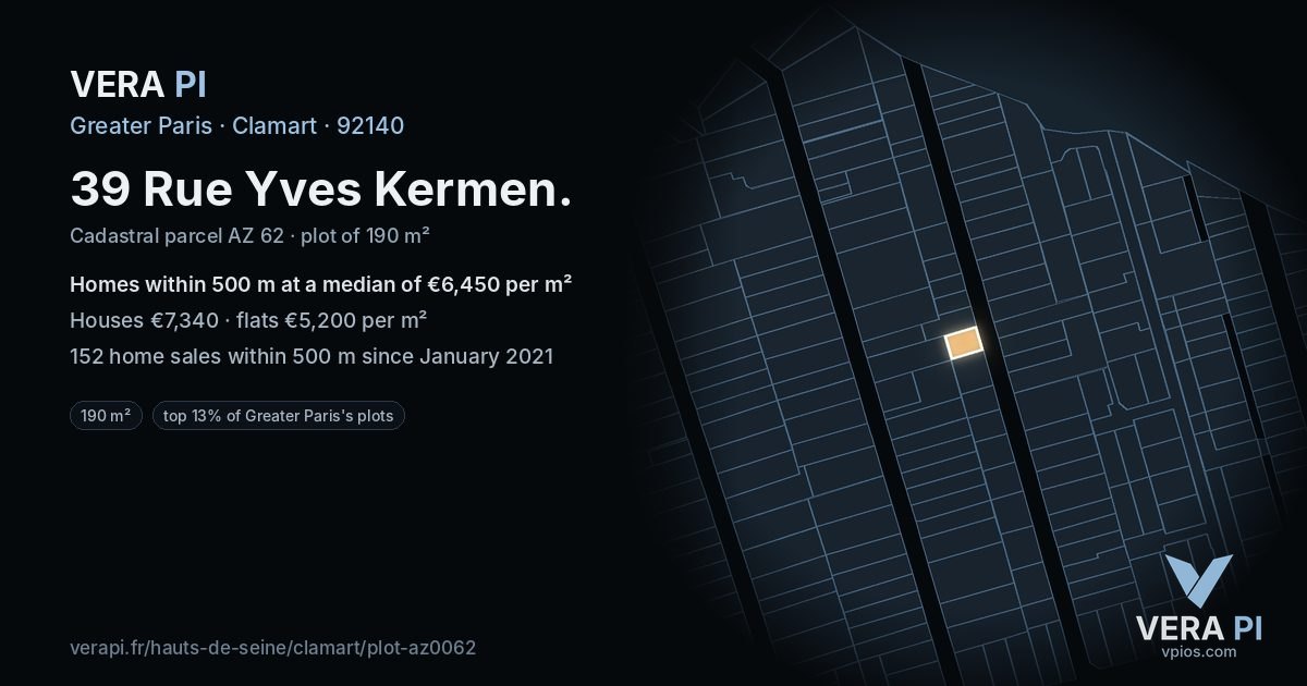 39 Rue Yves Kermen, Clamart at night – the plot lit, the parcels around coloured by the prices near them