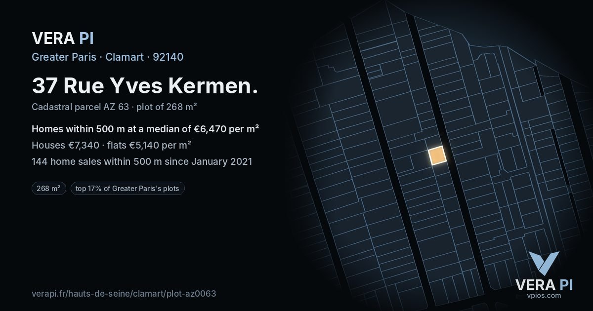 37 Rue Yves Kermen, Clamart at night – the plot lit, the parcels around coloured by the prices near them