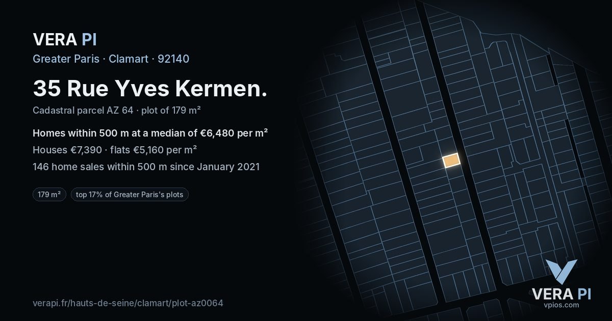 35 Rue Yves Kermen, Clamart at night – the plot lit, the parcels around coloured by the prices near them