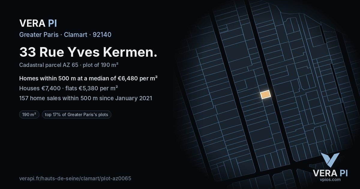 33 Rue Yves Kermen, Clamart at night – the plot lit, the parcels around coloured by the prices near them