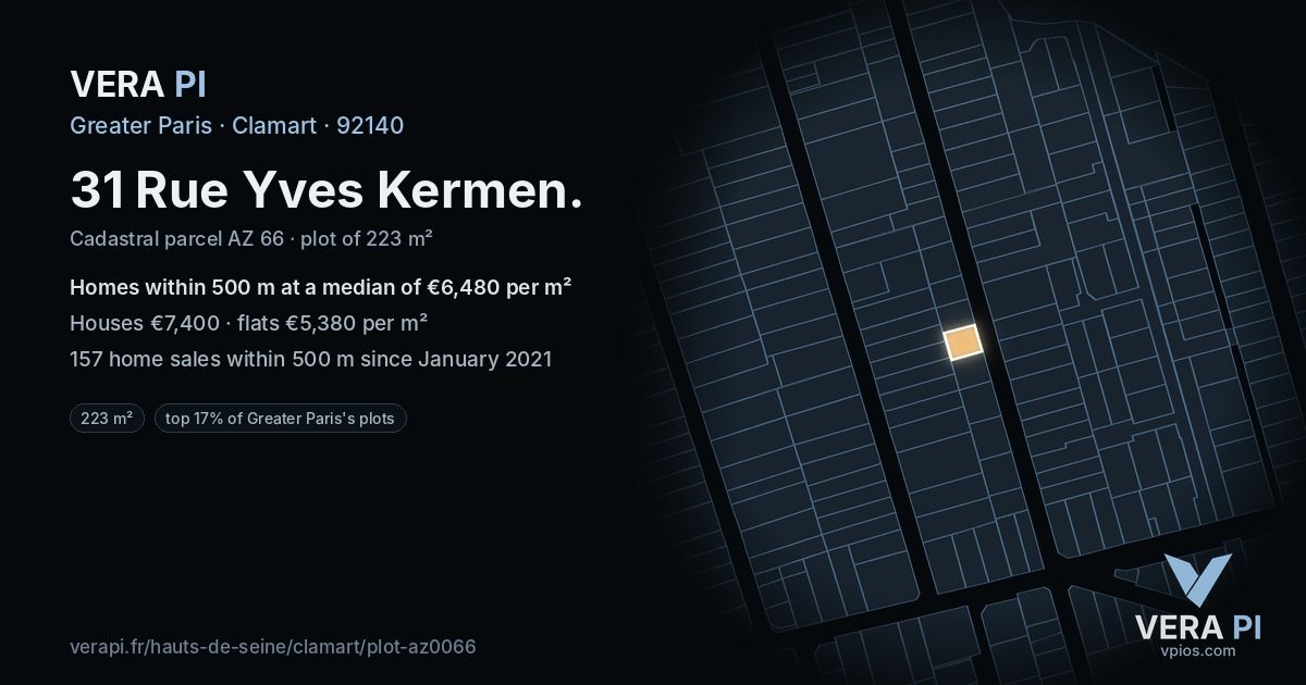 31 Rue Yves Kermen, Clamart at night – the plot lit, the parcels around coloured by the prices near them