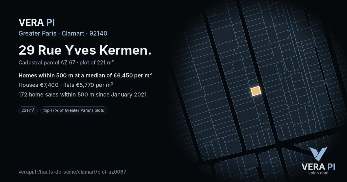 29 Rue Yves Kermen, Clamart at night – the plot lit, the parcels around coloured by the prices near them