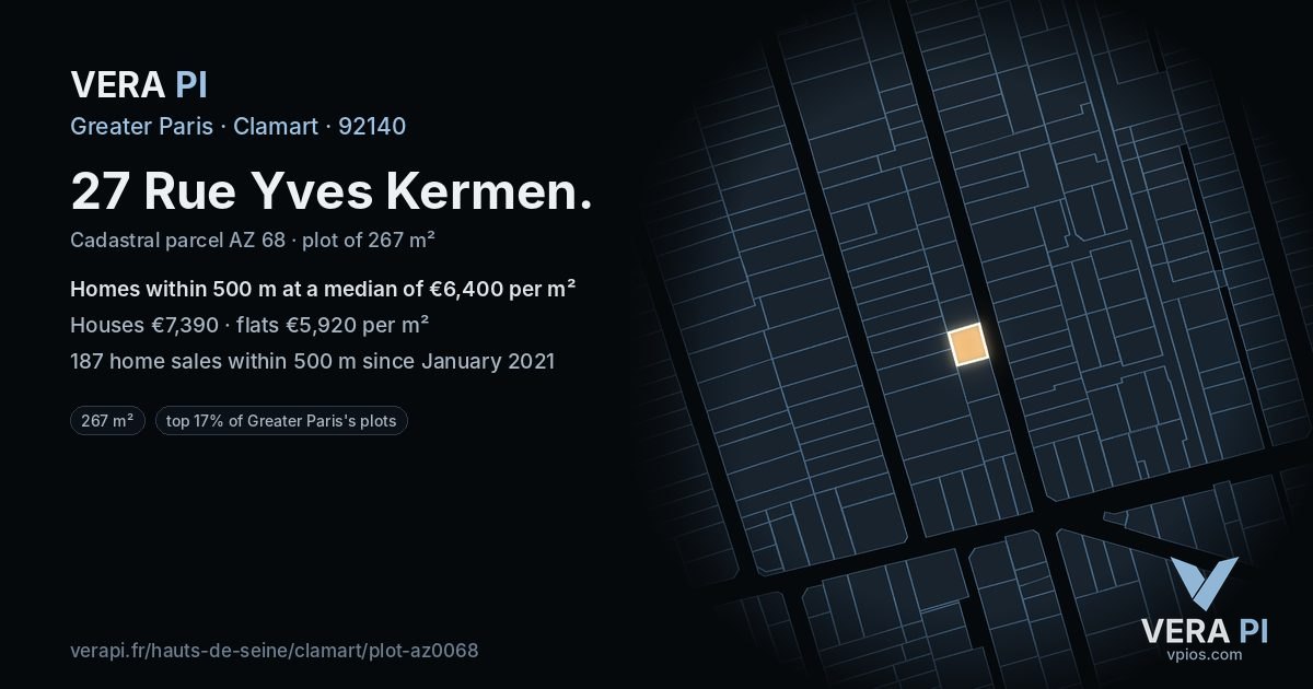 27 Rue Yves Kermen, Clamart at night – the plot lit, the parcels around coloured by the prices near them
