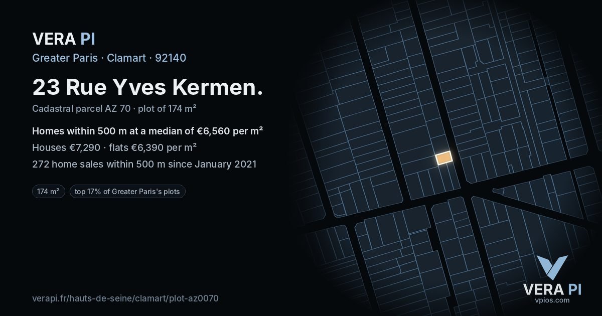 23 Rue Yves Kermen, Clamart at night – the plot lit, the parcels around coloured by the prices near them