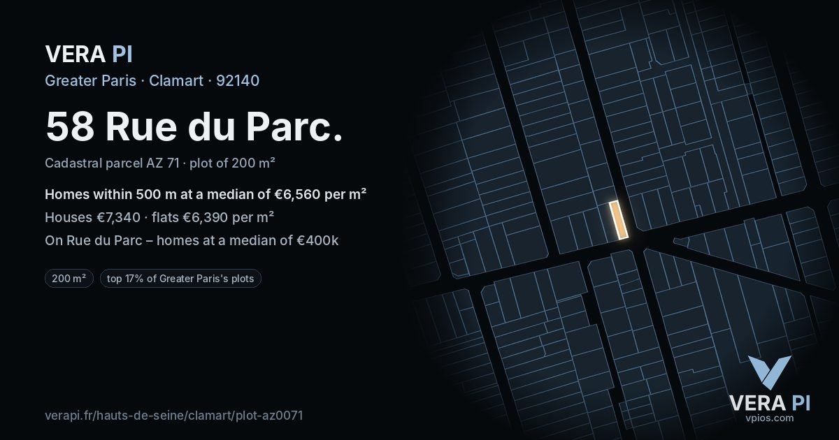 58 Rue du Parc, Clamart at night – the plot lit, the parcels around coloured by the prices near them