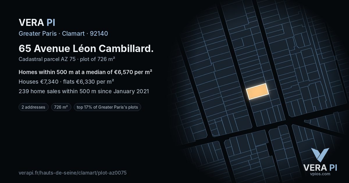 65 Avenue Léon Cambillard, Clamart at night – the plot lit, the parcels around coloured by the prices near them
