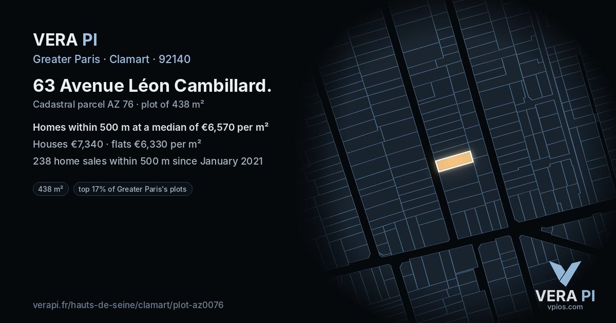 63 Avenue Léon Cambillard, Clamart at night – the plot lit, the parcels around coloured by the prices near them
