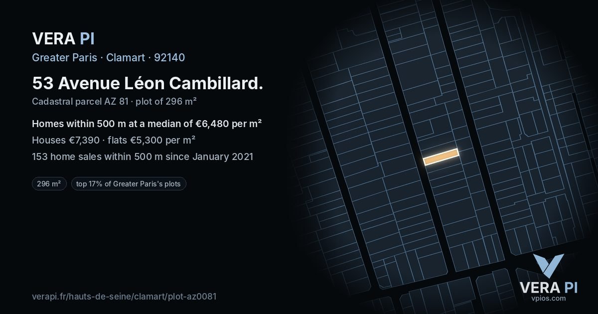 53 Avenue Léon Cambillard, Clamart at night – the plot lit, the parcels around coloured by the prices near them