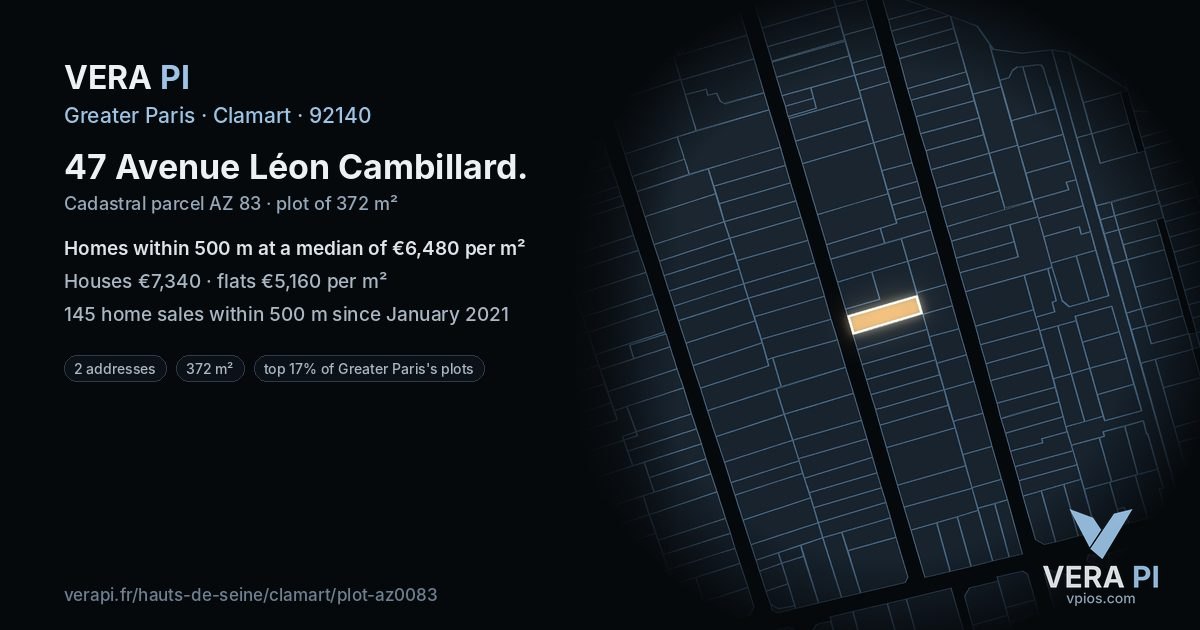 47 Avenue Léon Cambillard, Clamart at night – the plot lit, the parcels around coloured by the prices near them