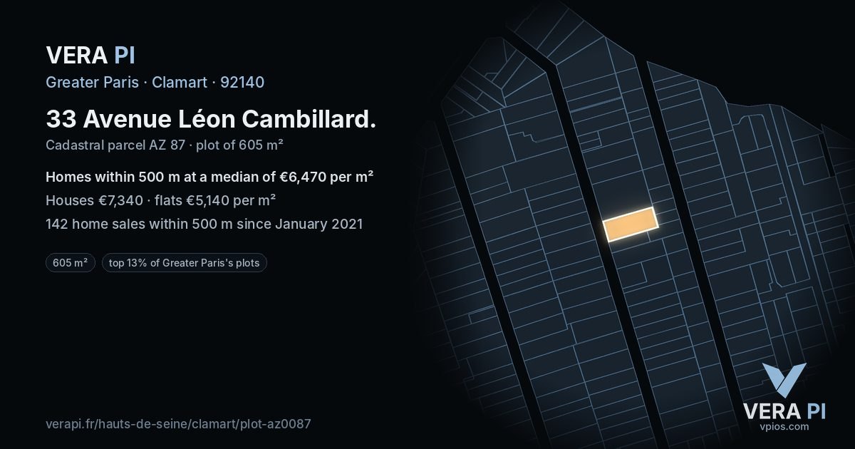 33 Avenue Léon Cambillard, Clamart at night – the plot lit, the parcels around coloured by the prices near them