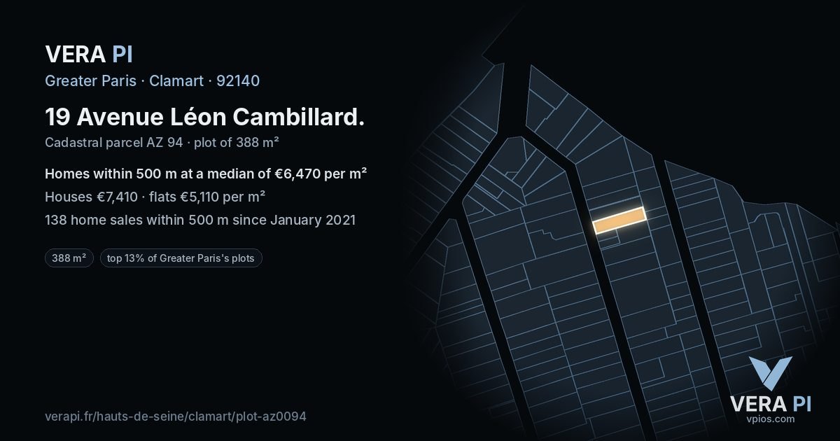 19 Avenue Léon Cambillard, Clamart at night – the plot lit, the parcels around coloured by the prices near them