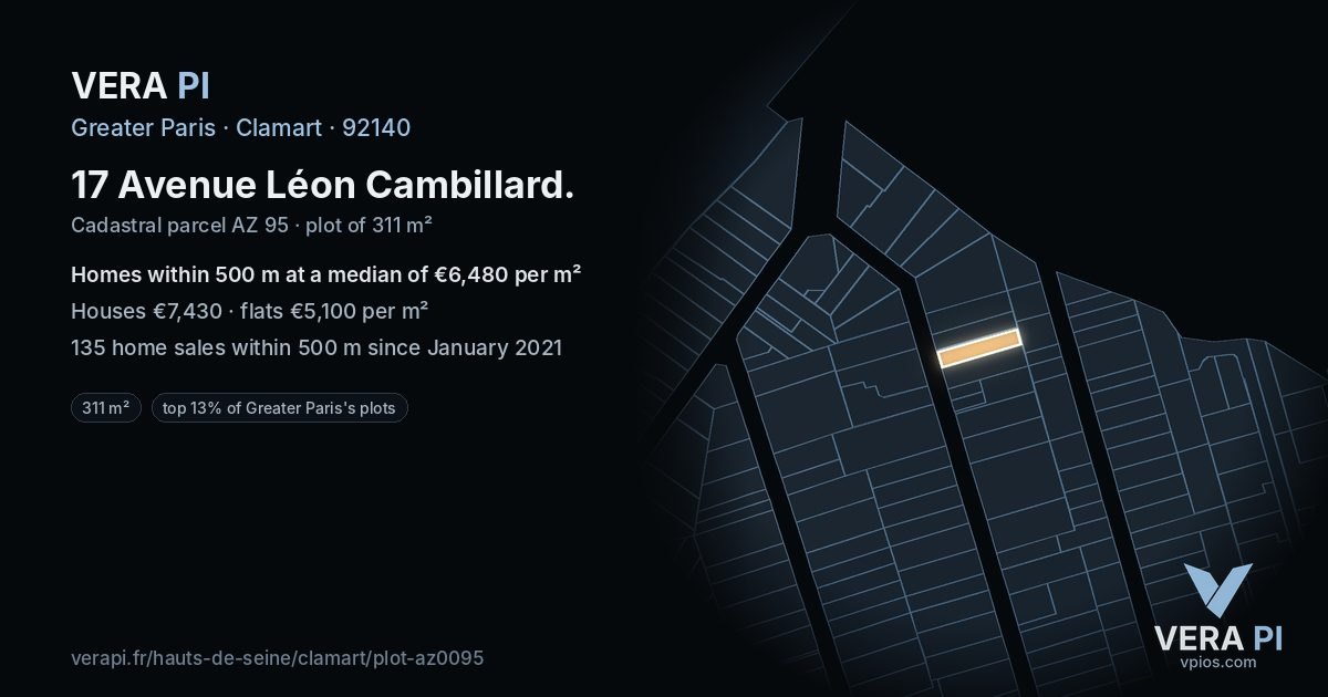 17 Avenue Léon Cambillard, Clamart at night – the plot lit, the parcels around coloured by the prices near them