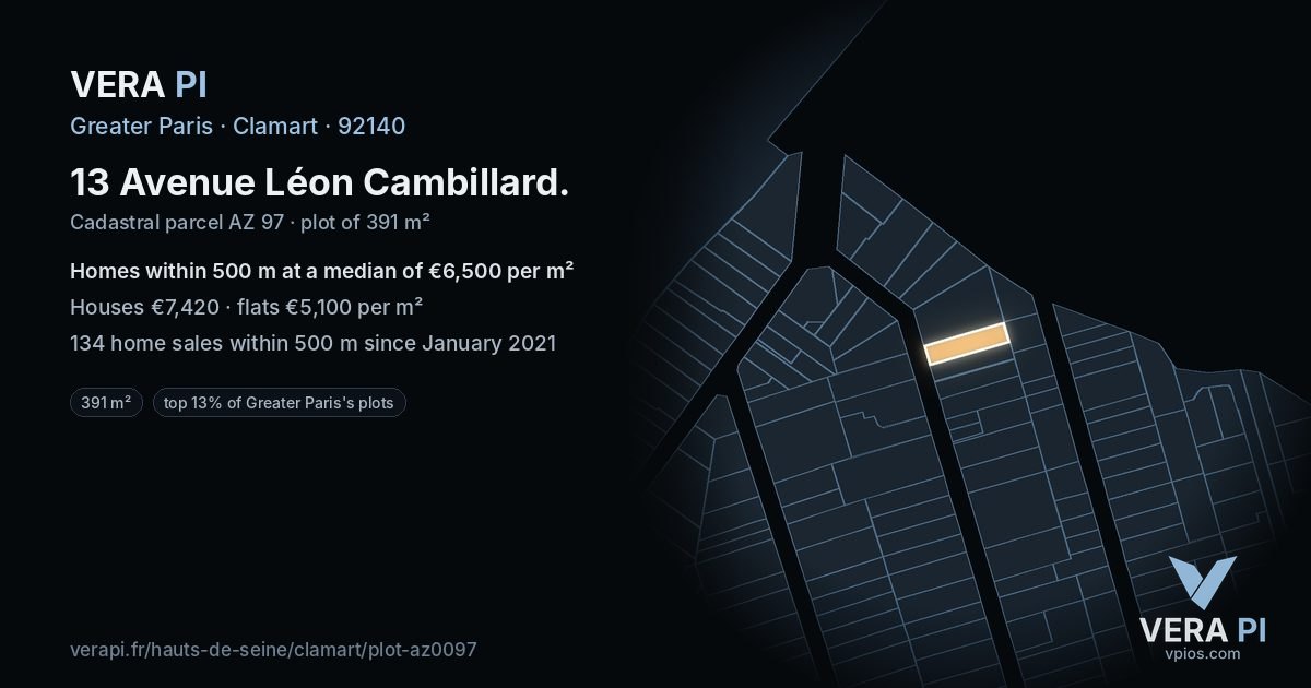 13 Avenue Léon Cambillard, Clamart at night – the plot lit, the parcels around coloured by the prices near them