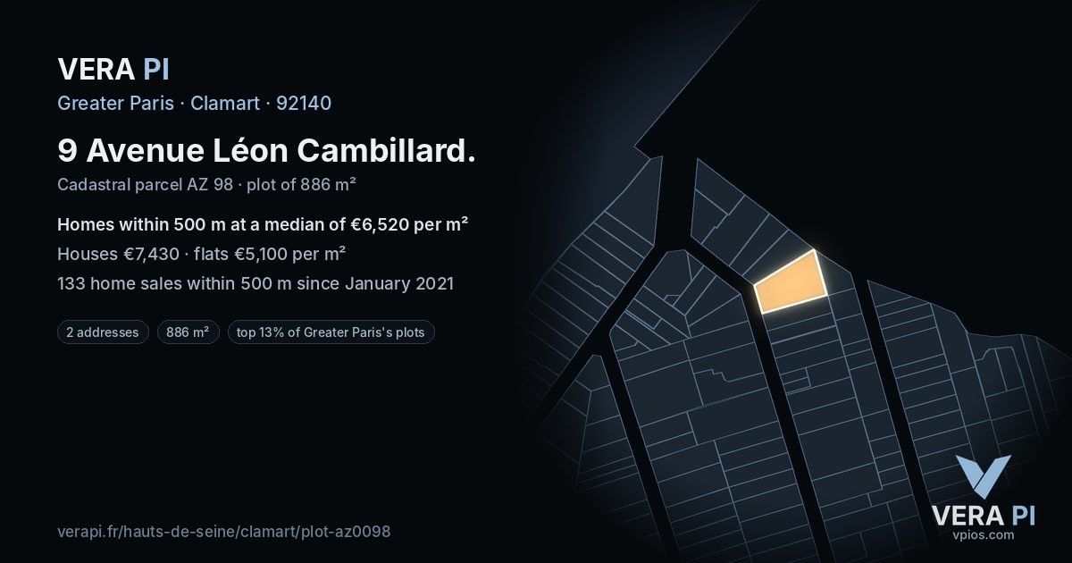 9 Avenue Léon Cambillard, Clamart at night – the plot lit, the parcels around coloured by the prices near them