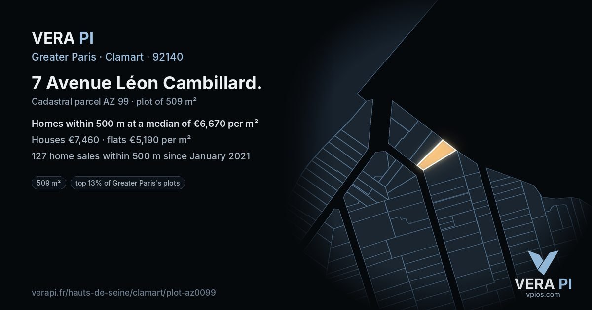 7 Avenue Léon Cambillard, Clamart at night – the plot lit, the parcels around coloured by the prices near them