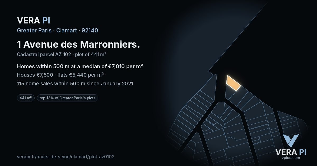 1 Avenue des Marronniers, Clamart at night – the plot lit, the parcels around coloured by the prices near them
