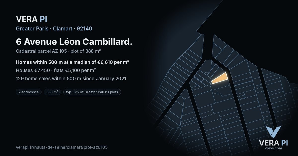 6 Avenue Léon Cambillard, Clamart at night – the plot lit, the parcels around coloured by the prices near them