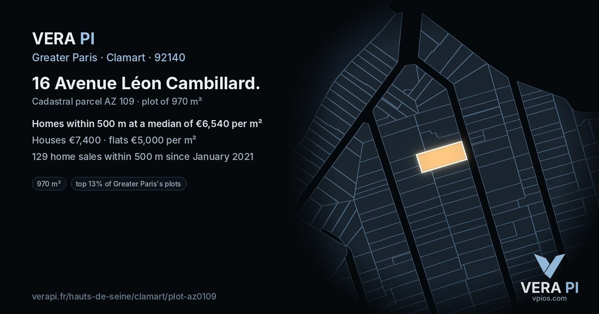 16 Avenue Léon Cambillard, Clamart at night – the plot lit, the parcels around coloured by the prices near them