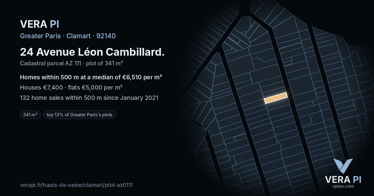 24 Avenue Léon Cambillard, Clamart at night – the plot lit, the parcels around coloured by the prices near them