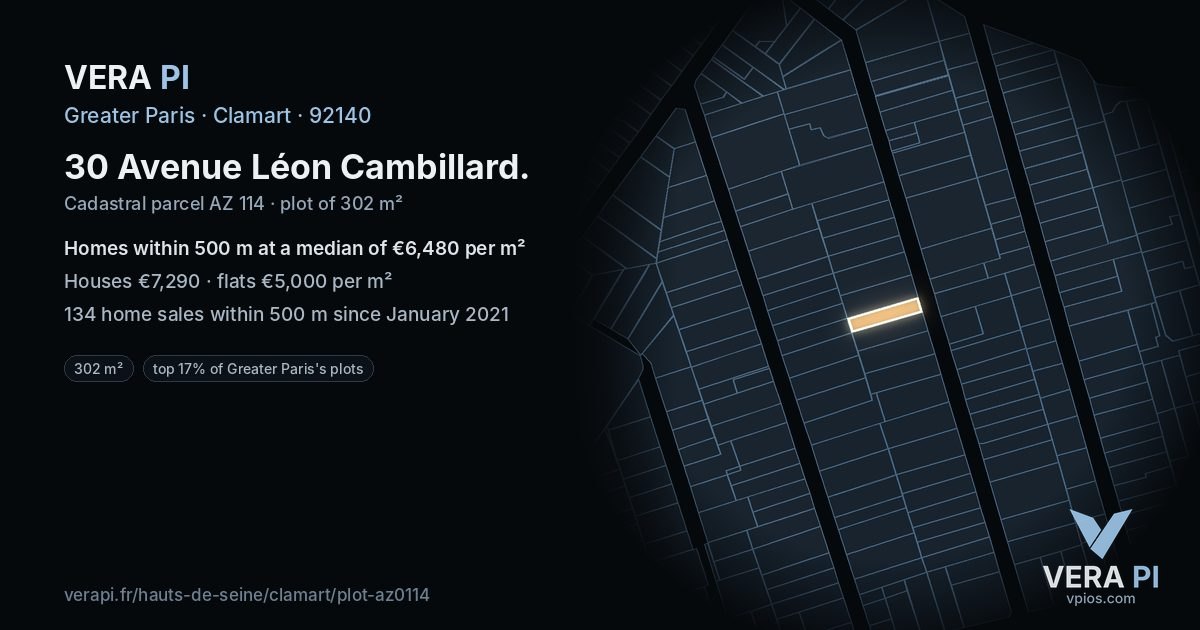 30 Avenue Léon Cambillard, Clamart at night – the plot lit, the parcels around coloured by the prices near them