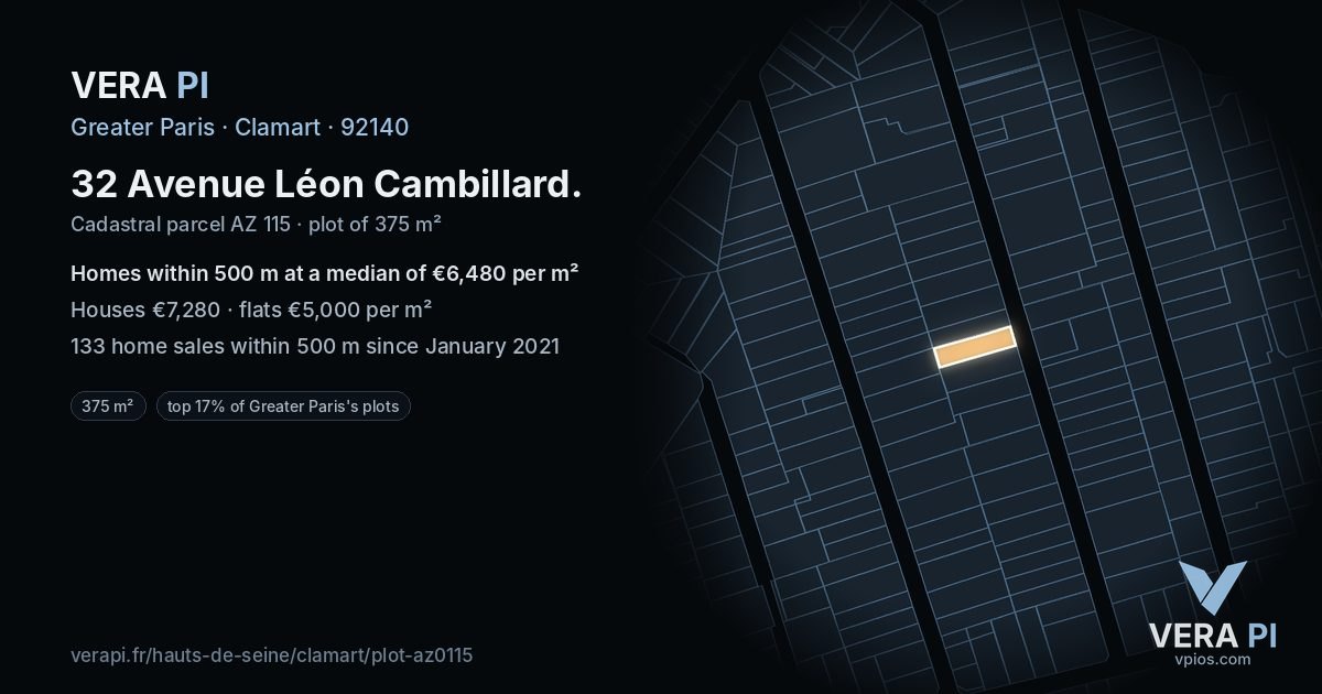 32 Avenue Léon Cambillard, Clamart at night – the plot lit, the parcels around coloured by the prices near them