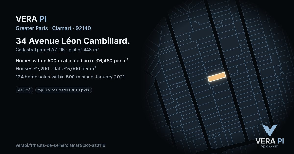 34 Avenue Léon Cambillard, Clamart at night – the plot lit, the parcels around coloured by the prices near them