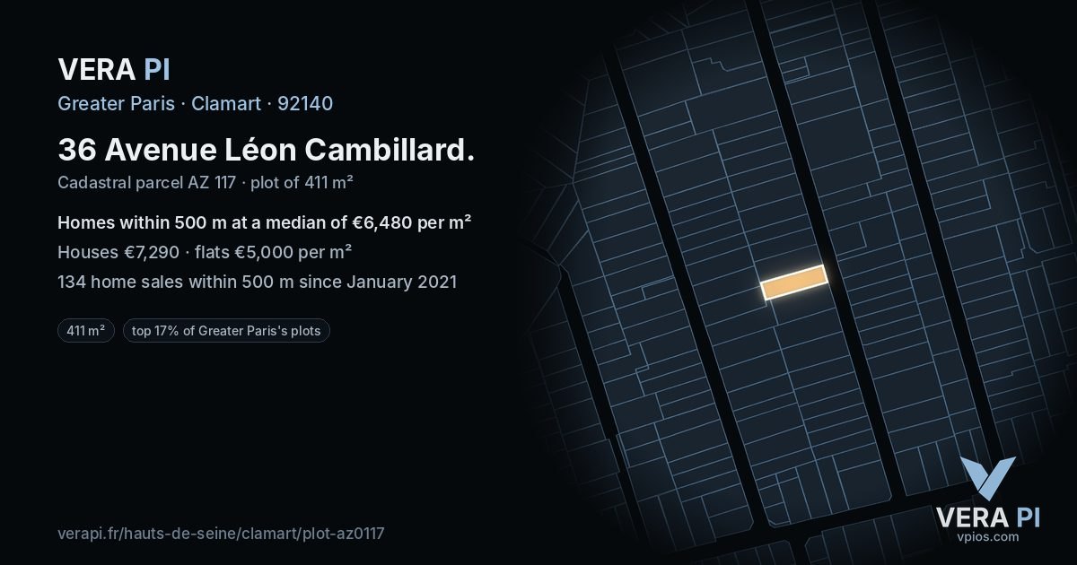 36 Avenue Léon Cambillard, Clamart at night – the plot lit, the parcels around coloured by the prices near them