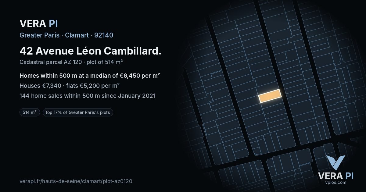 42 Avenue Léon Cambillard, Clamart at night – the plot lit, the parcels around coloured by the prices near them