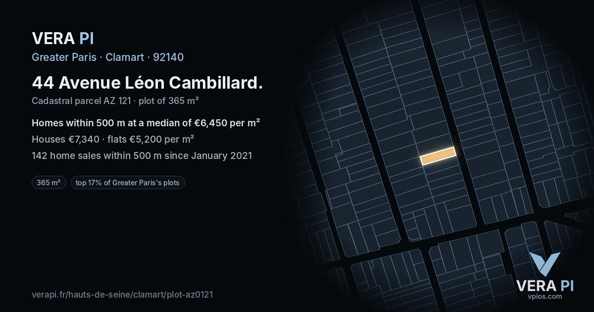 44 Avenue Léon Cambillard, Clamart at night – the plot lit, the parcels around coloured by the prices near them