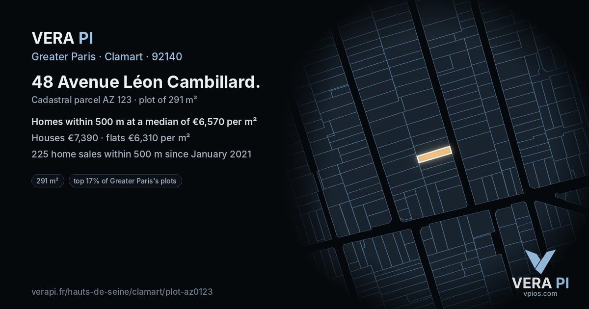 48 Avenue Léon Cambillard, Clamart at night – the plot lit, the parcels around coloured by the prices near them