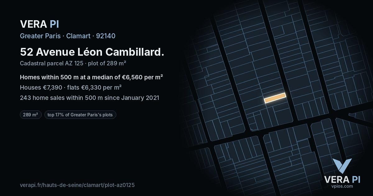 52 Avenue Léon Cambillard, Clamart at night – the plot lit, the parcels around coloured by the prices near them